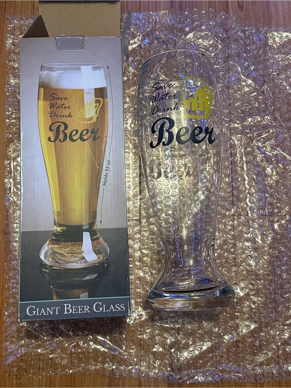 Save Water Drink Beer Tall Pilsner Glass - Clear with Yellow & Black Print